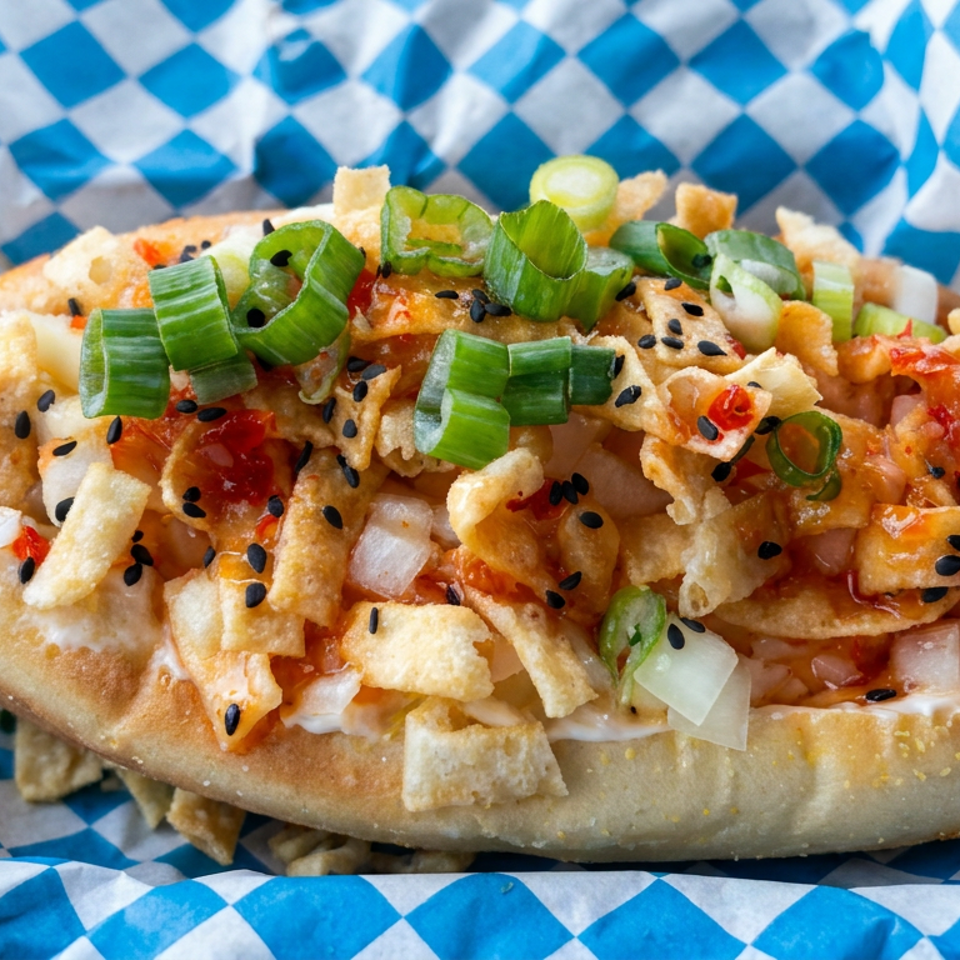 Loaded sandwich topped with crispy strips, diced onions, red sauce, black sesame seeds, and chopped green onions on blue checkered paper.