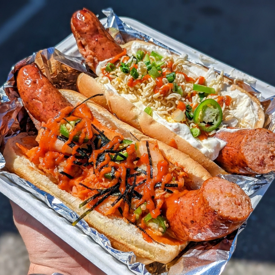Foil-lined tray holds loaded sausages in buns, topped with spicy sauce, cheese, onions, jalapeños, and shredded cabbage.