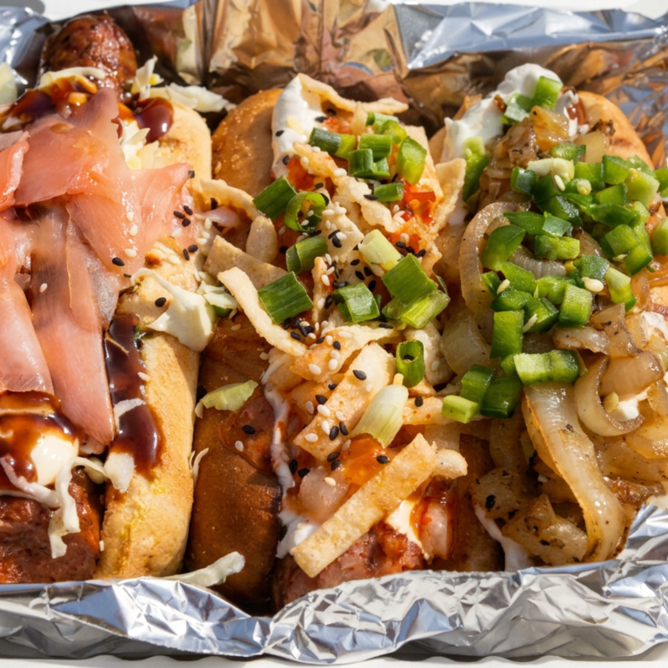 Loaded hot dogs topped with smoked salmon, sauces, crispy onions, grilled onions, green onions, and sesame seeds in a foil-lined tray.
