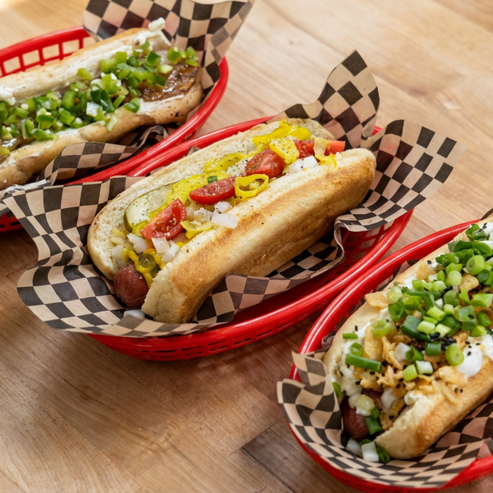 Three loaded hot dogs with assorted toppings served in red baskets lined with checkered paper on a wooden table.